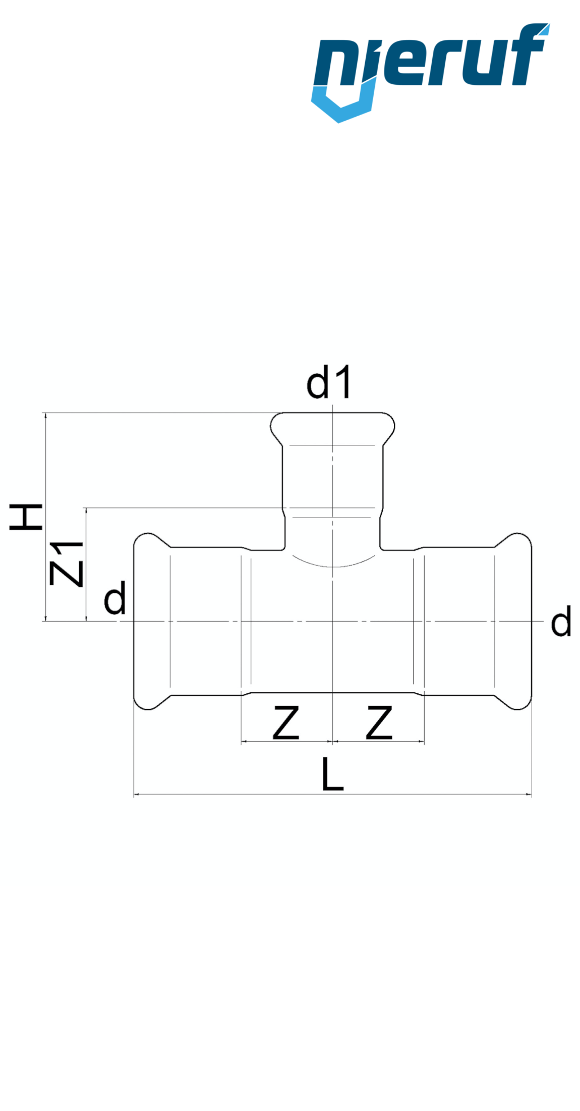 T-fitting reduced F x F Pressfitting DN40 x DN25 stainless steel