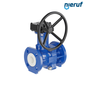 PFA-flange ball valve FK13 DN40 - 1 1/2" inch PN10/16 made of spheroidal graphite cast iron with worm gear